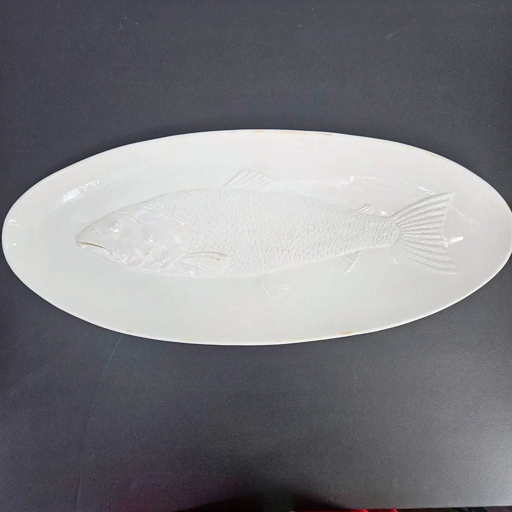 Vintage Lg White Ceramic Fish Platter Oval Serving Tray Decor Made in Italy 17in